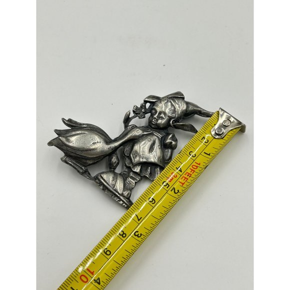Vintage SILSON UNSIGNED Girl Goose Brooch Hummel Inspired Silver Tone Book Piece - Picture 6 of 6